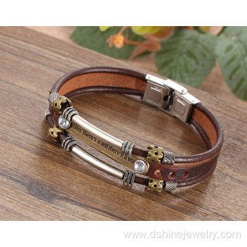 Alloy Rhinestone Handmade Leather Bracelets Bangles For Guys